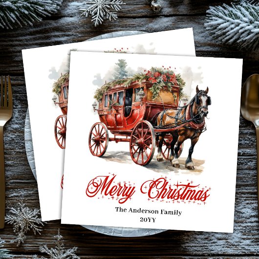 Serviette En Papier Elegant Christmas scene napkin red green lettering