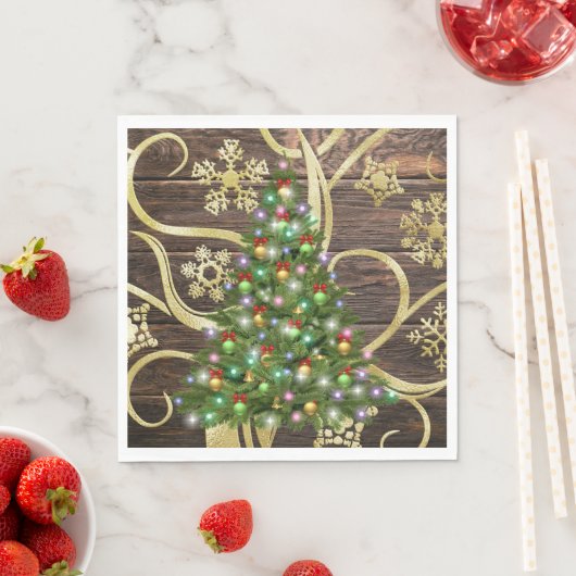 Serviette En Papier Elegant Christmas Tree Barn Wood Gold Design (En situation)