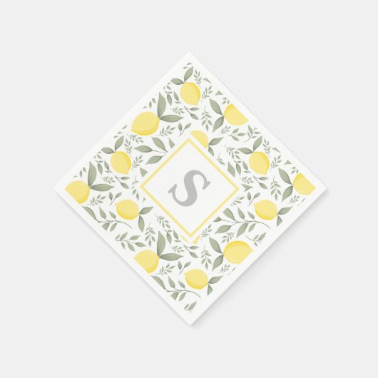 Serviette En Papier Élégant citron et Motif Feuille Monogramme (Coin)
