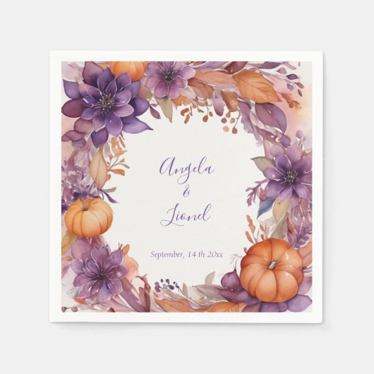 Serviette En Papier Élégant Citrouille violet Fleurs Mariage (Devant)