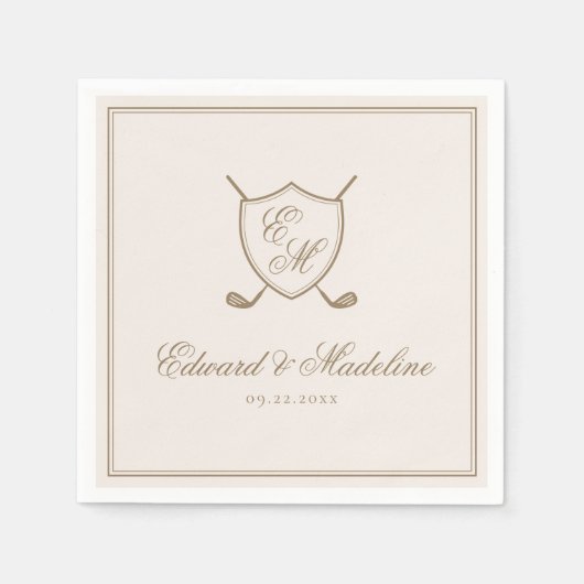 Serviette En Papier Élégant Classic Crest Monogram Mariage de golf (Devant)