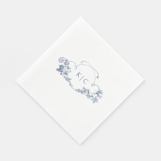 Serviette En Papier Élégant classique Dusty Bleu Français Floral Crest (Coin)