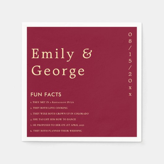 Serviette En Papier Élégant Classy Bourgogne Gold Fun Facts Mariage (Devant)