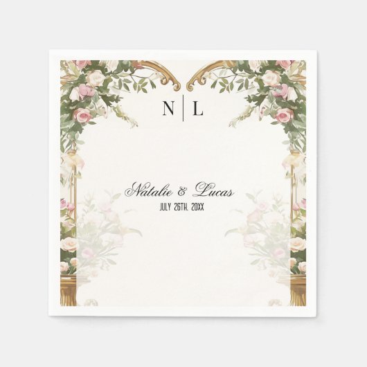 Serviette En Papier Élégant coeur Arch Blush Floral et Mariage or (Devant)