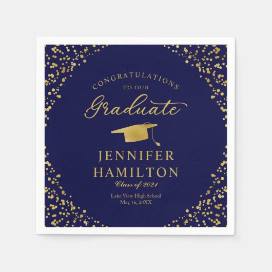 Serviette En Papier Elégant Confetti Or Sur Bleu Graduation (Devant)