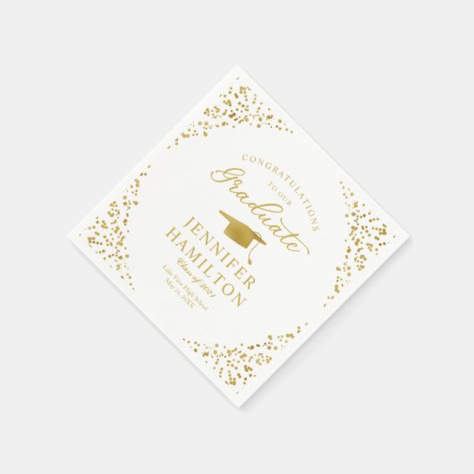 Serviette En Papier Elégant Confetti Or Sur Graduation Blanche (Coin)