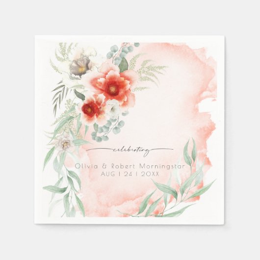 Serviette En Papier Elégant Coral Aquarelle Fleurs (Devant)