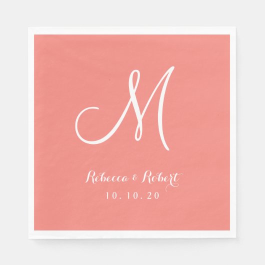 Serviette En Papier Élégant Coral rose et blanc Papier Monogramme Napk (Devant)