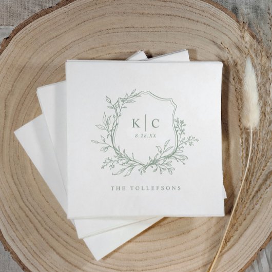Serviette En Papier Elegant Crest Sage Green Wedding Logo
