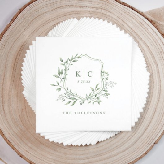 Serviette En Papier Elegant Crest Sage Watercolor Wedding Logo