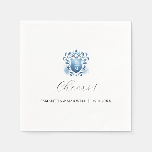 Serviette En Papier Élégant crête bleue et monogramme (Devant)