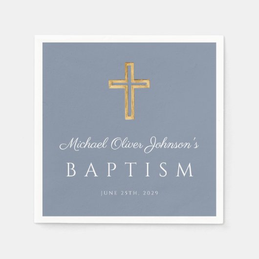 Serviette En Papier Elégant croix religieuse Dusty Blue Boy Baptême (Devant)