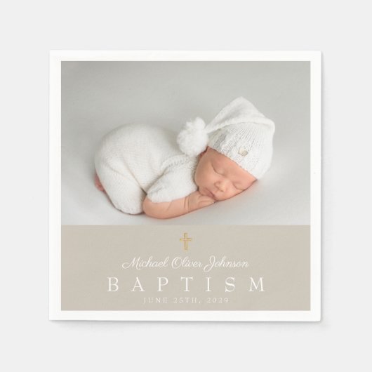 Serviette En Papier Elégant Croix Religieuse Taupe Photo Baptême (Devant)