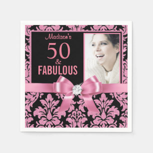 Serviette En Papier Elégant damas de parties scintillant rose chaud 50