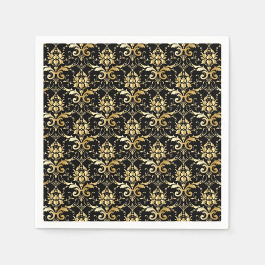 Serviette En Papier Élégant damas noir et or (Devant)