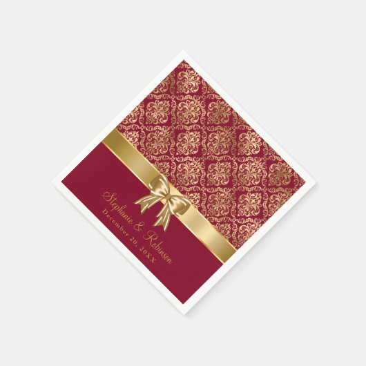 Serviette En Papier Élégant Damas Or Sur Mariage Bourgogne (Coin)