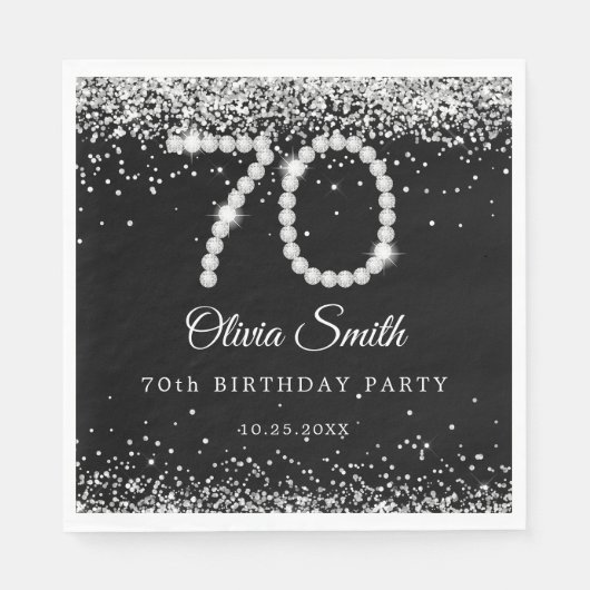 Serviette En Papier Elégant Diamants d'argent 70e fête d'anniversaire (Devant)