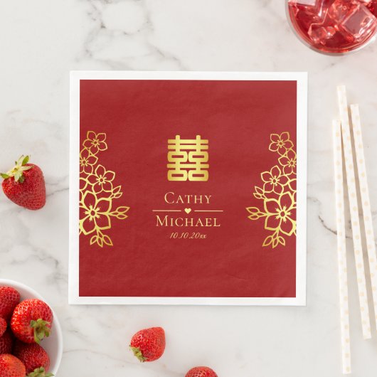 Serviette En Papier Élégant double bonheur chinois mariage floral (En situation)