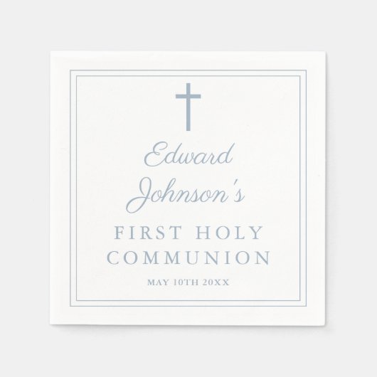 Serviette En Papier Elegant Dusty Blue Border First Holy Communion (Devant)