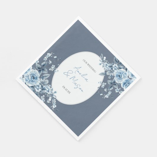 Serviette En Papier Elegant Dusty Blue Floral Script Wedding (Coin)
