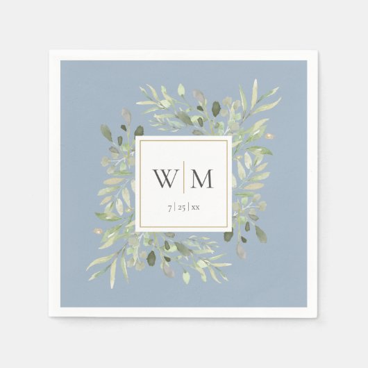 Serviette En Papier Elegant Dusty Blue Greenery Gold Monogram (Devant)