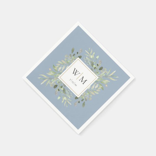 Serviette En Papier Elegant Dusty Blue Greenery Gold Monogram (Coin)