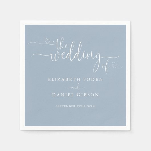 Serviette En Papier Élégant Dusty Blue Heart Mariage de script (Devant)