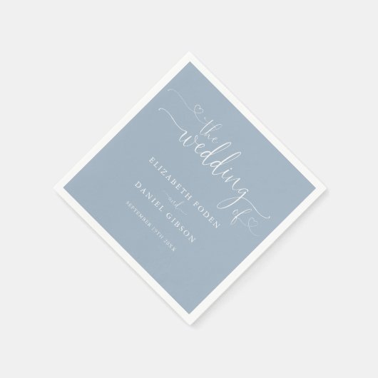 Serviette En Papier Élégant Dusty Blue Heart Mariage de script (Coin)