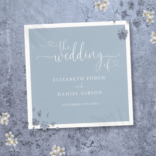 Serviette En Papier Élégant Dusty Blue Heart Mariage de script