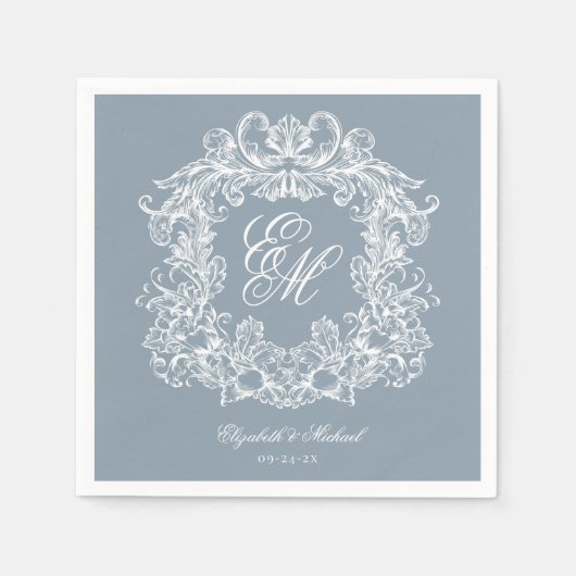 Serviette En Papier Elegant Dusty Blue Monogram Crest Script Wedding (Devant)