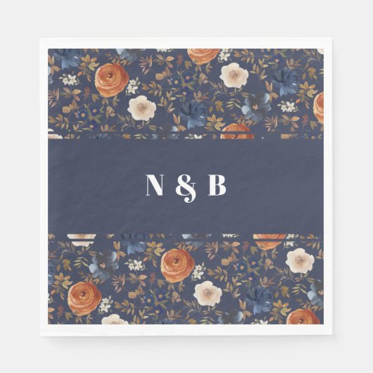 Serviette En Papier Élégant Dusty Blue Orange Mariage monogramme (Devant)