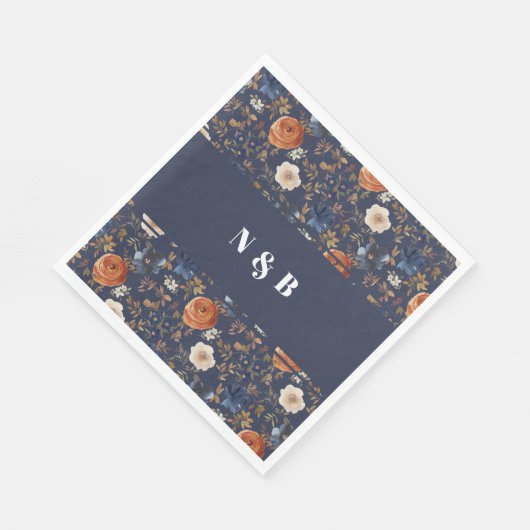 Serviette En Papier Élégant Dusty Blue Orange Mariage monogramme (Coin)