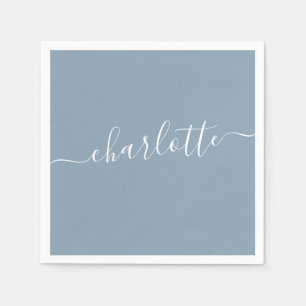 Serviette En Papier Elégant Dusty Blue Script Moderne Nom Personnalisé