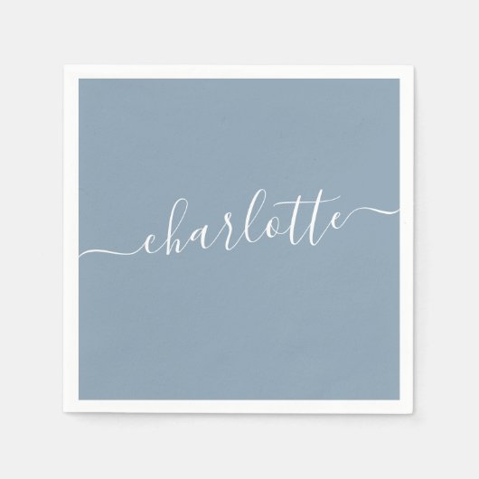 Serviette En Papier Elégant Dusty Blue Script Moderne Nom Personnalisé (Devant)