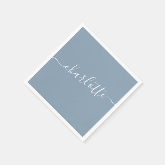 Serviette En Papier Elégant Dusty Blue Script Moderne Nom Personnalisé (Coin)