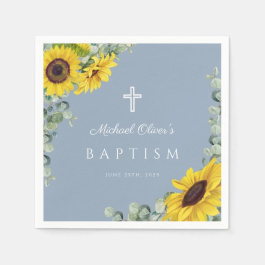 Serviette En Papier Élégant Dusty Blue Sunflower Baptême religieux (Devant)
