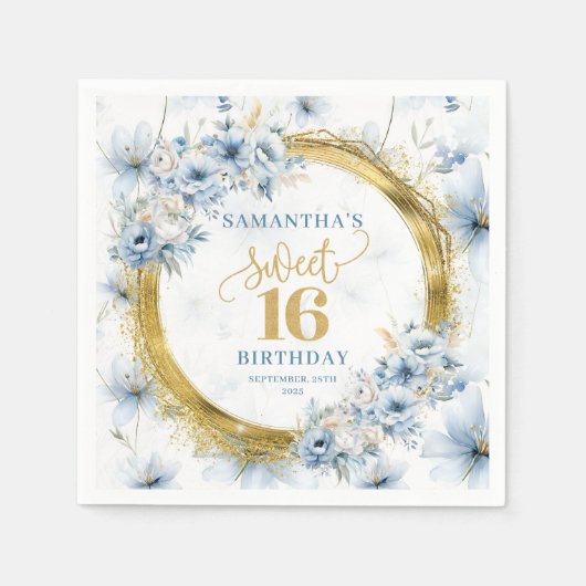 Serviette En Papier Élégant Dusty Blue Sweet 16 Gold Parties scintilla (Devant)