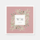 Serviette En Papier Élégant Dusty Rose Verdure or Monogramme (Devant)