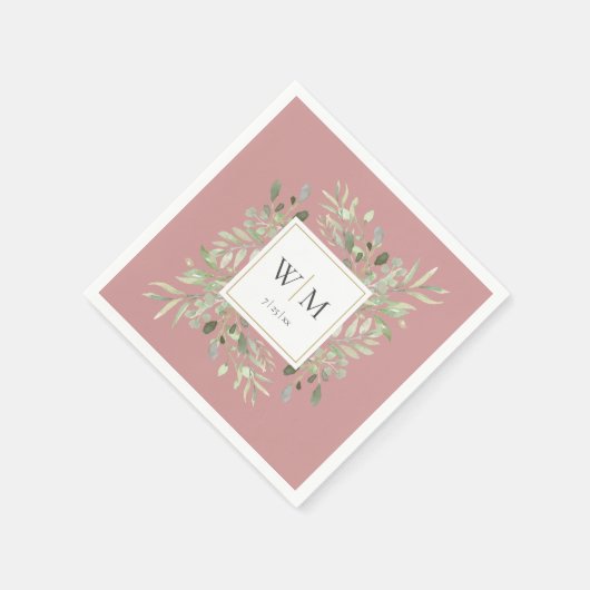 Serviette En Papier Élégant Dusty Rose Verdure or Monogramme (Coin)