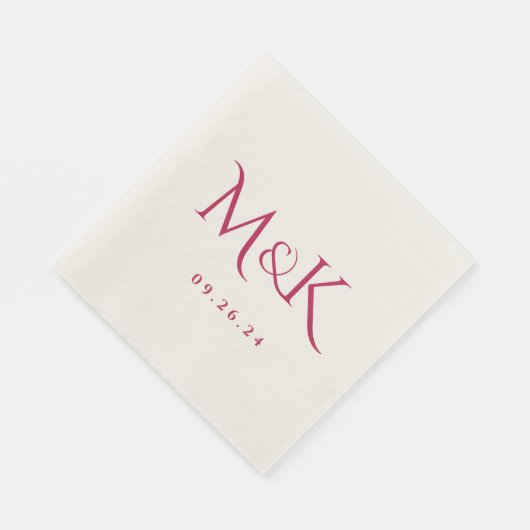 Serviette En Papier Élégant et simple Mariage Magenta Monogramme (Coin)