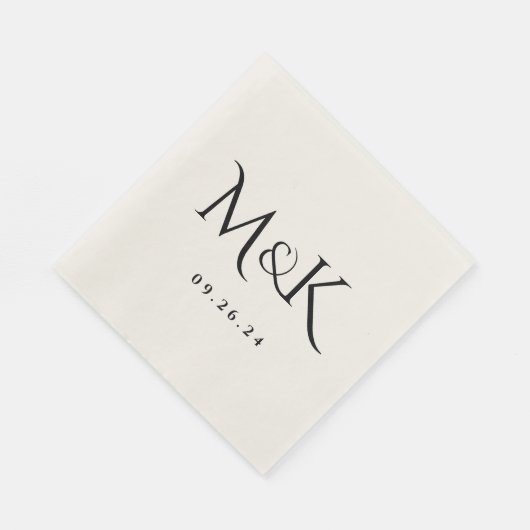Serviette En Papier Élégant et simple Mariage noir Monogramme (Coin)