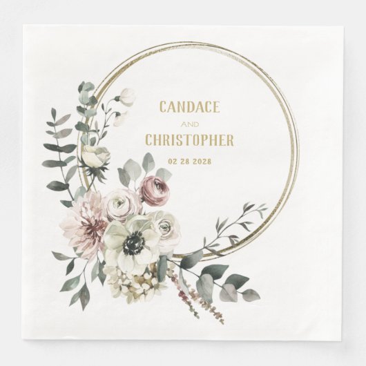 Serviette En Papier Elégant Eucalyptus Blush Blanc Floral Or Frame (Devant)