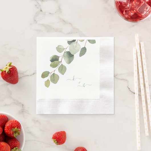 Serviette En Papier Élégant Eucalyptus Couple Initiales Mariage (En situation)