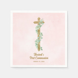 Serviette En Papier Élégant Eucalyptus et première communion rose croi