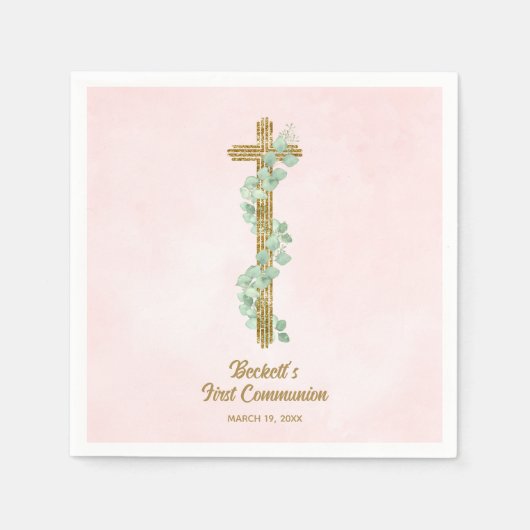 Serviette En Papier Élégant Eucalyptus et première communion rose croi (Devant)