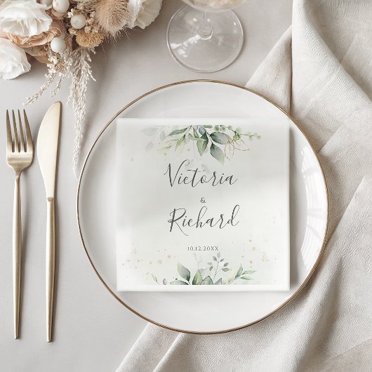 Serviette En Papier Elégant Eucalyptus Feuille Mariage or vert