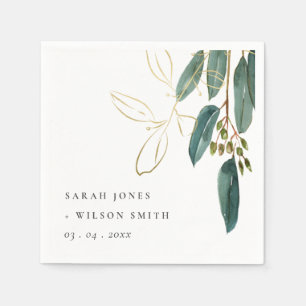 Serviette En Papier Élégant Eucalyptus Green Gold Foliage Mariage