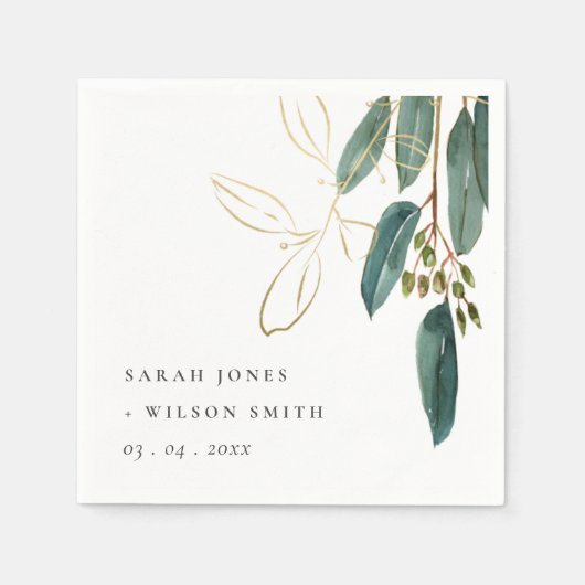Serviette En Papier Élégant Eucalyptus Green Gold Foliage Mariage (Devant)