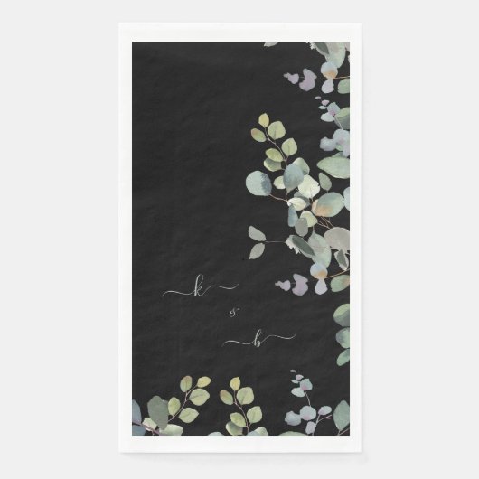Serviette En Papier Élégant Eucalyptus Initiales Noir (Devant)
