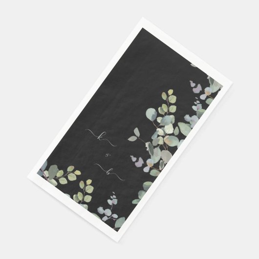 Serviette En Papier Élégant Eucalyptus Initiales Noir (Coin)